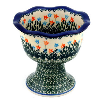 Polish Pottery Bowl with Pedestal 6&quot; Dancing Tulips