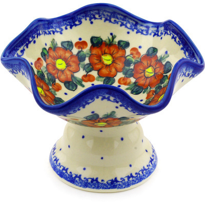Polish Pottery Bowl with Pedestal 7&quot; Autumn Pansies