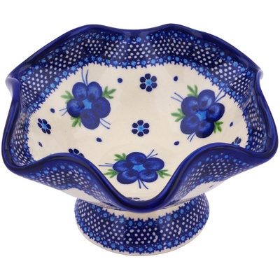 Polish Pottery Bowl with Pedestal 7&quot; Bleu-belle Fleur