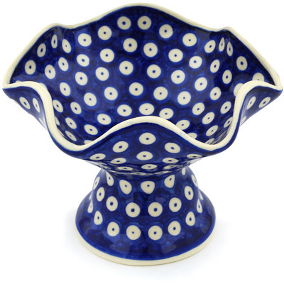 Polish Pottery Bowl with Pedestal 7&quot; Blue Eyed Peacock