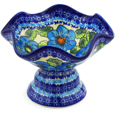 Polish Pottery Bowl with Pedestal 7&quot; Bold Blue Poppies UNIKAT