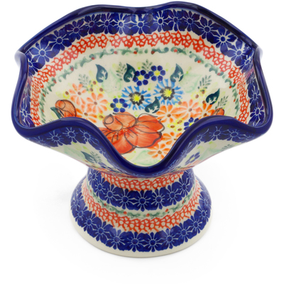 Polish Pottery Bowl with Pedestal 7&quot; Bold Poppies UNIKAT