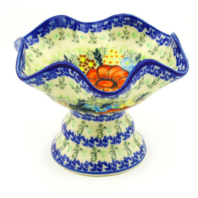 Polish Pottery Bowl with Pedestal 7&quot; Bold Poppies UNIKAT