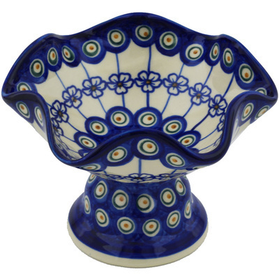 Polish Pottery Bowl with Pedestal 7&quot; Flowering Peacock