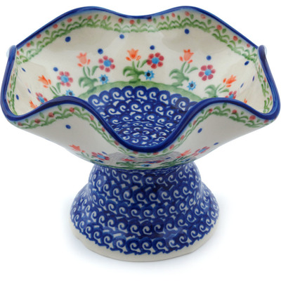 Polish Pottery Bowl with Pedestal 7&quot; Spring Flowers