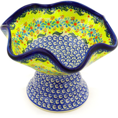 Polish Pottery Bowl with Pedestal 7&quot; Sunshine Blooms