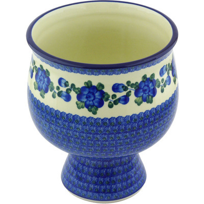 Polish Pottery Bowl with Pedestal 9&quot; Blue Poppies