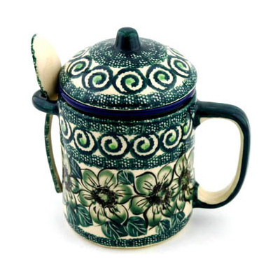 Polish Pottery Brewing Mug with Spoon 0oz Gratuitous Greens UNIKAT
