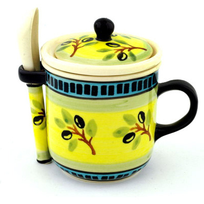 Polish Pottery Brewing Mug with Spoon 10 oz Olive Grove