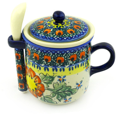 Polish Pottery Brewing Mug with Spoon 10 oz Sunshine Bees UNIKAT