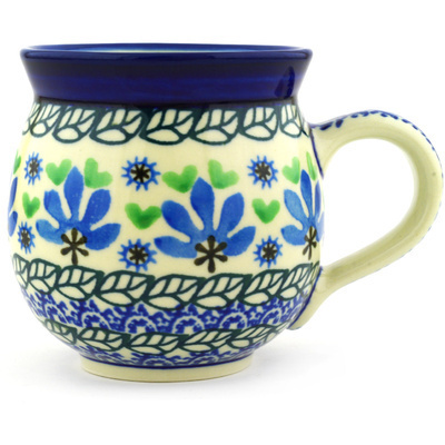 Polish Pottery Bubble Mug 12oz Blue Fan Flowers