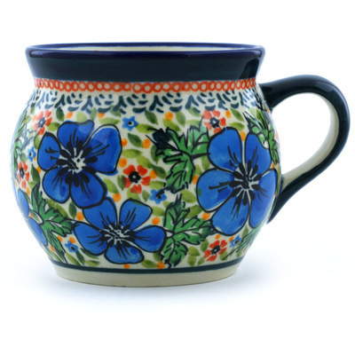 Polish Pottery Bubble Mug 16 oz Vibrant Blue Flowers UNIKAT