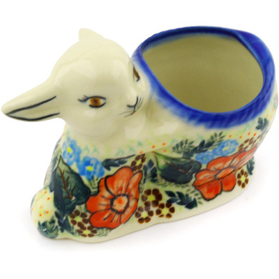 Polish Pottery Bunny Shaped Jar 5&quot; Bold Poppies UNIKAT