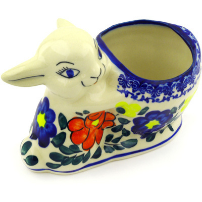 Polish Pottery Bunny Shaped Jar 5&quot; Flower Party UNIKAT