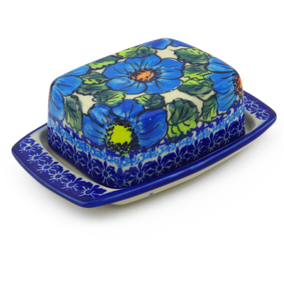 Polish Pottery Butter Dish 6&quot; Bold Blue Poppies UNIKAT