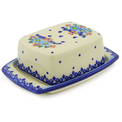 Polish Pottery Butter Dish 6&quot; Hearts And Flowers