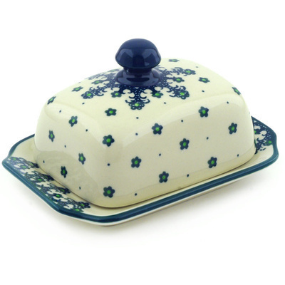 Polish Pottery Butter Dish 6&quot; Winter Green