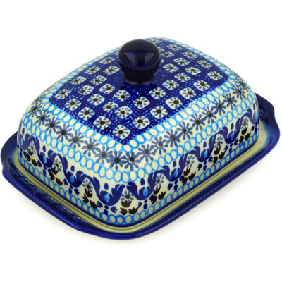 Polish Pottery Butter Dish 7&quot; Blue Ice