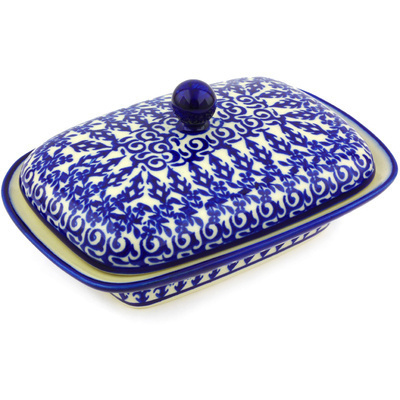 Polish Pottery Butter Dish 7&quot; Winter Blue