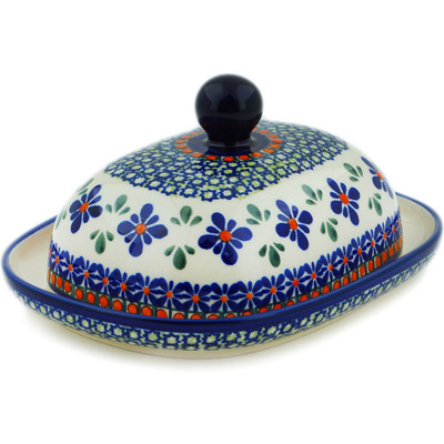 Polish Pottery Butter Dish 8&quot; Gingham Flowers