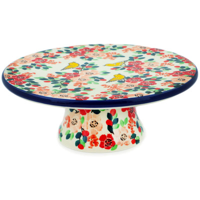 Polish Pottery Cake Stand 8&quot; Golden Sparrow In Rosy Petals UNIKAT