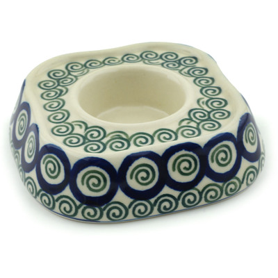 Polish Pottery Candle Holder 5&quot; Green Peacock Swirl