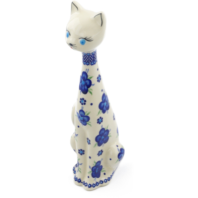 Polish Pottery Cat Figurine 13&quot; Bleu-belle Fleur