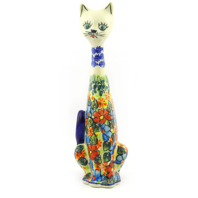 Polish Pottery Cat Figurine 13&quot; Bold Poppies UNIKAT