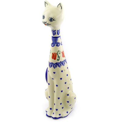 Polish Pottery Cat Figurine 13&quot; Butterfly Tulips