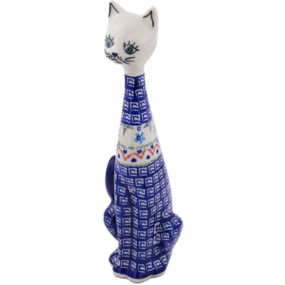 Polish Pottery Cat Figurine 13&quot; Little Blue Flowers