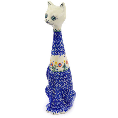 Polish Pottery Cat Figurine 13&quot; Spring Flowers