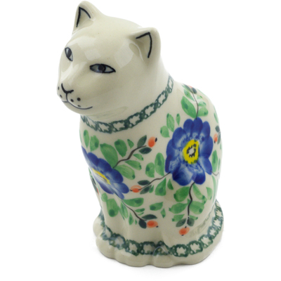 Polish Pottery Cat Figurine 5&quot; Cobalt Poppies UNIKAT