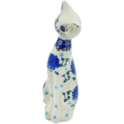 Polish Pottery Cat Figurine 7&quot; Cobalt Hydrangea UNIKAT