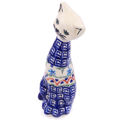 Polish Pottery Cat Figurine 9&quot; Little Blue Flowers