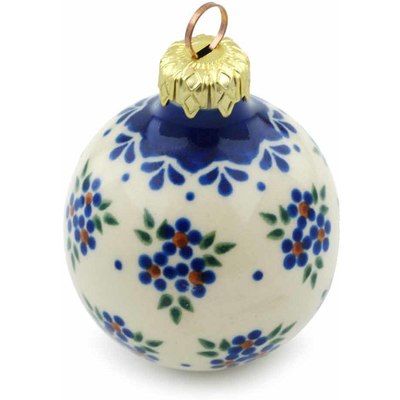 Polish Pottery Christmas Ball Ornament 3&quot; Blue Dot Flower