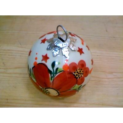 Polish Pottery Christmas Ball Ornament 3&quot; Floral Bouquet UNIKAT