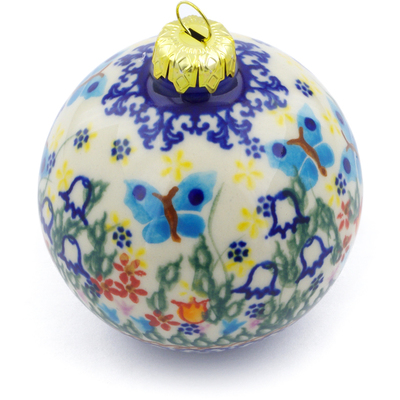 Polish Pottery Christmas Ball Ornament 4&quot; Butterfly Garden UNIKAT