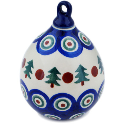 Polish Pottery Christmas Ball Ornament 4&quot; Peacock Evergreen