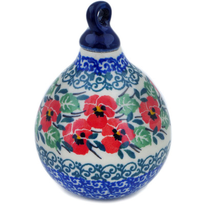 Polish Pottery Christmas Ball Ornament 4&quot; Red Pansy