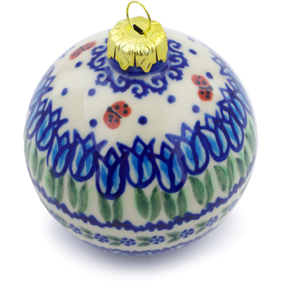 Polish Pottery Christmas Ball Ornament 4&quot; Tulips And Ladybugs UNIKAT