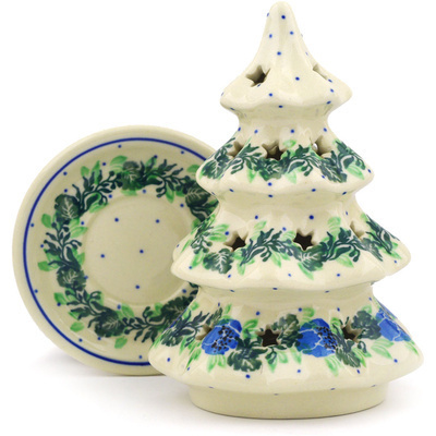 Polish Pottery Christmas Tree Candle Holder 6&quot; Basket Of Blues