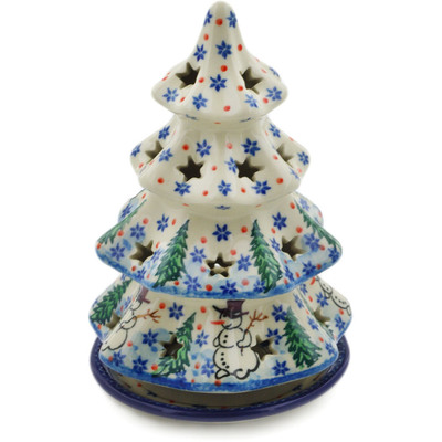 Polish Pottery Christmas Tree Candle Holder 7&quot; Dancing Snowman UNIKAT