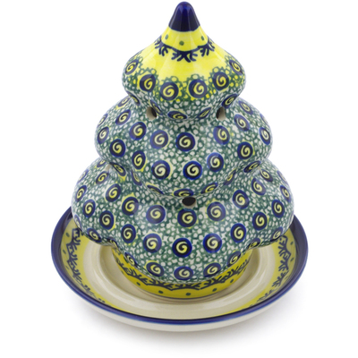 Polish Pottery Christmas Tree Candle Holder 7&quot; Peacock Bumble Bee