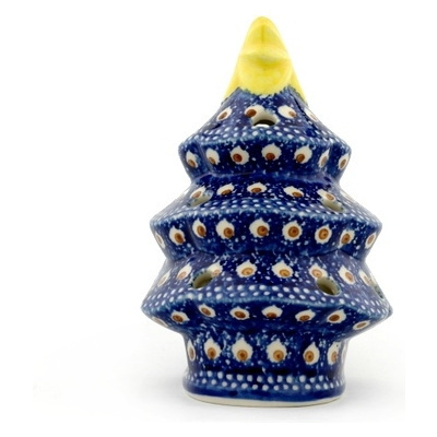 Polish Pottery Christmas Tree Candle Holder 7&quot; Peacock Swirl