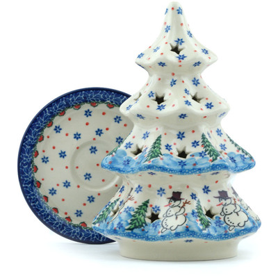 Polish Pottery Christmas Tree Candle Holder 8&quot; Dancing Snowman UNIKAT