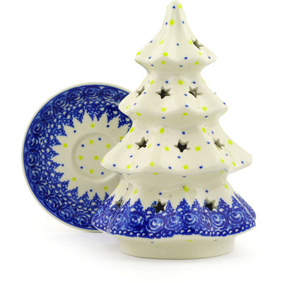 Polish Pottery Christmas Tree Candle Holder 8&quot; Evening Frost