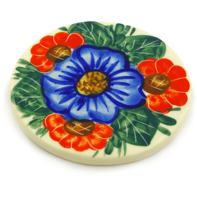 Polish Pottery Coaster 3&quot; Flowers In Bloom UNIKAT