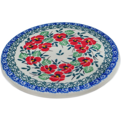 Polish Pottery Coaster 5&quot; Red Pansy