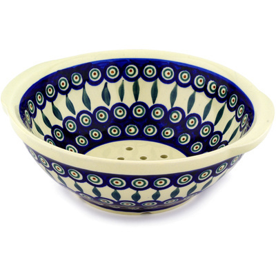 Polish Pottery Colander 10&quot; Peacock Leaves