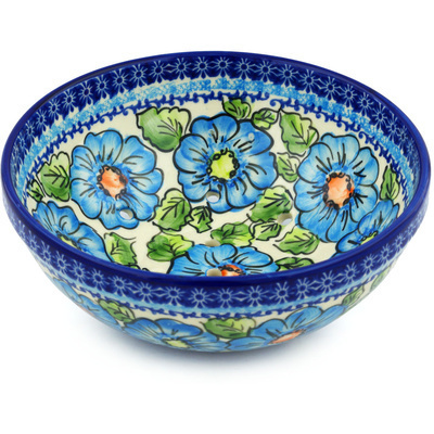 Polish Pottery Colander 9&quot; Bold Blue Poppies UNIKAT